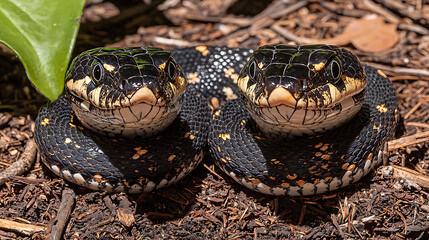 Fototapeta premium Two black snakes with golden markings rest intertwined on the ground heads raised and alert amidst natural surroundings.