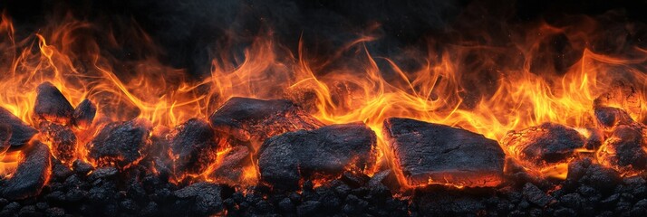 Raging fire engulfing dark rocky terrain with intense flames rising in a dramatic inferno setting
