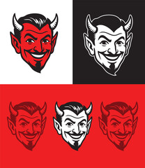 Vintage devil logo illustration. Smiling demon face with horns in retro tattoo style. Evil character portrait with a mischievous grin. Ideal for print, apparel, and branding.