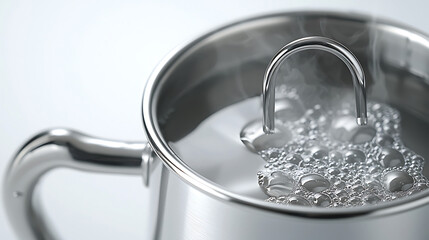 Stainless steel pot with steaming water showing bubbles and a metal immersion heater against a bright soft white background.