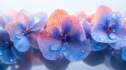 A highly detailed photography of a hydrangea bloom, its individual petals forming a dense cluster of pastel blue and purple tones.
