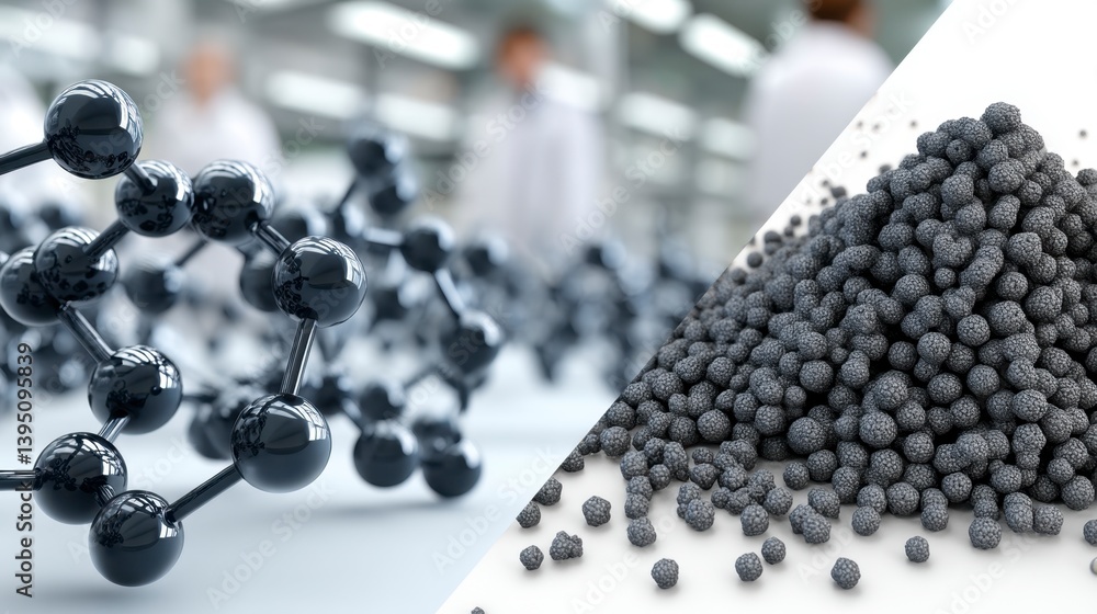 Poster microscopic and macroscopic views of dark gray spherical particles, possibly representing a molecula