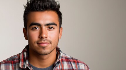 Obraz premium A young man with a thoughtful gaze, wearing a red and black plaid shirt against a muted background.