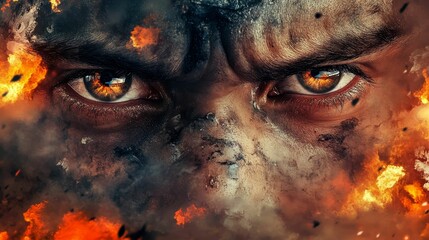 Naklejka premium Close-up of a person's face with intense eyes and fiery
