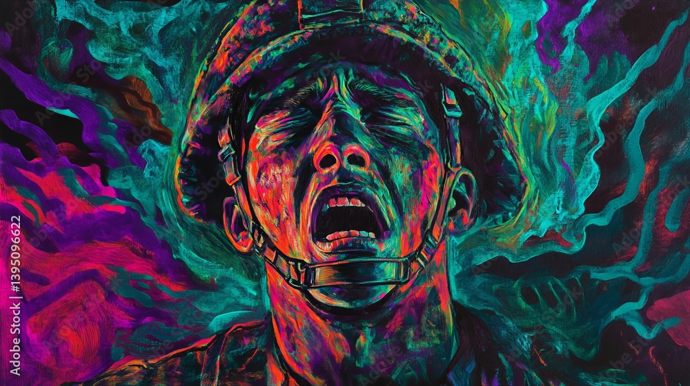 Poster man with hat screaming surrounded by colorful abstract swirling background.