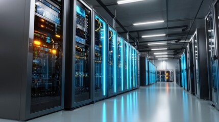 Naklejka premium Sleek server racks illuminate a modern data center hallway with bright blue lights reflecting on the polished floor.