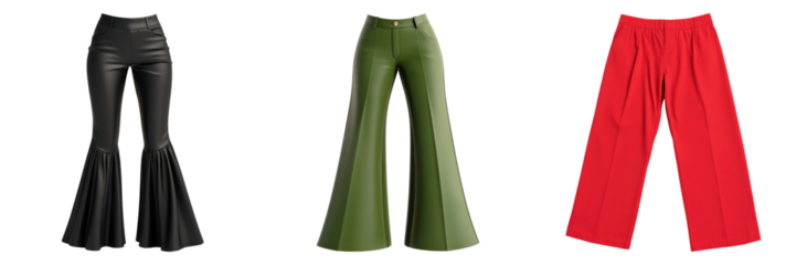 Y2K inspired low rise flare pants in black, green, and red, showcasing trendy and nostalgic fashion