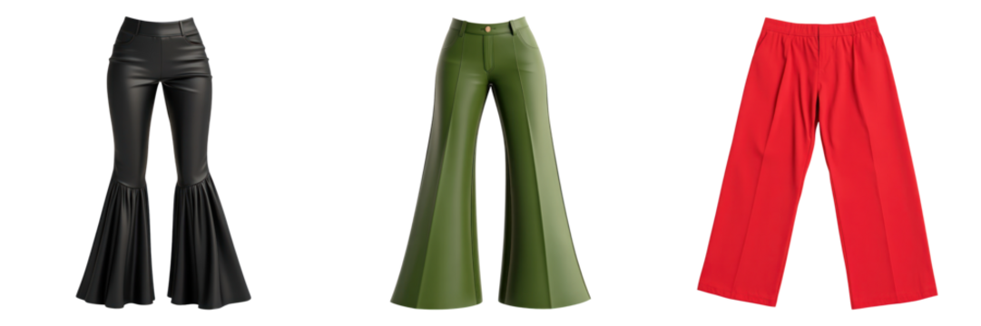 Y2K inspired low rise flare pants in black, green, and red, showcasing trendy and nostalgic fashion