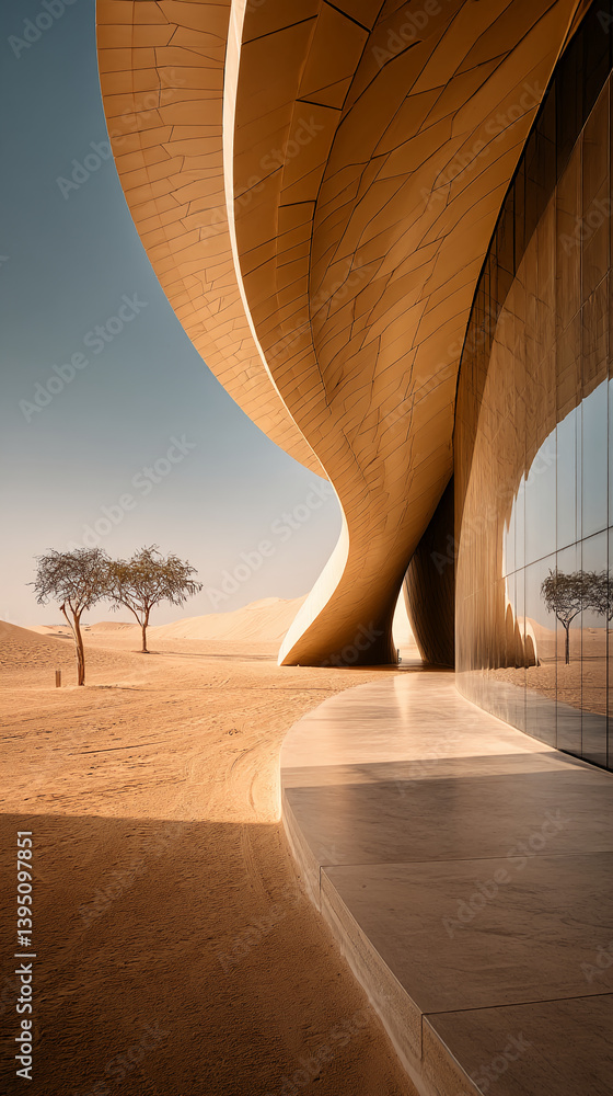 Poster curved beige building exterior, desert landscape background, showcasing modern architecture design a