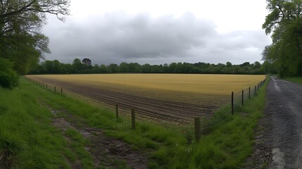 Fototapeta premium Serene Countryside Landscape, Farmland and Dirt Road