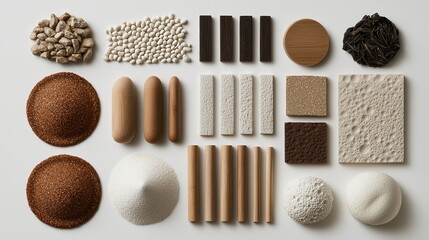 A visually organized collection of various materials, including powders, grains, and textured surfaces, displayed in an appealing, structured layout.