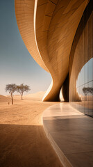 Curved beige building exterior, desert landscape background, showcasing modern architecture design and reflecting the environment, creating a serene atmosphere