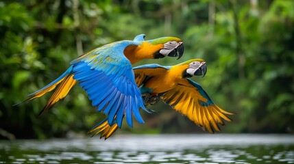 Fototapeta premium Vibrant Macaws in Flight Over Lush Green Jungle Landscape