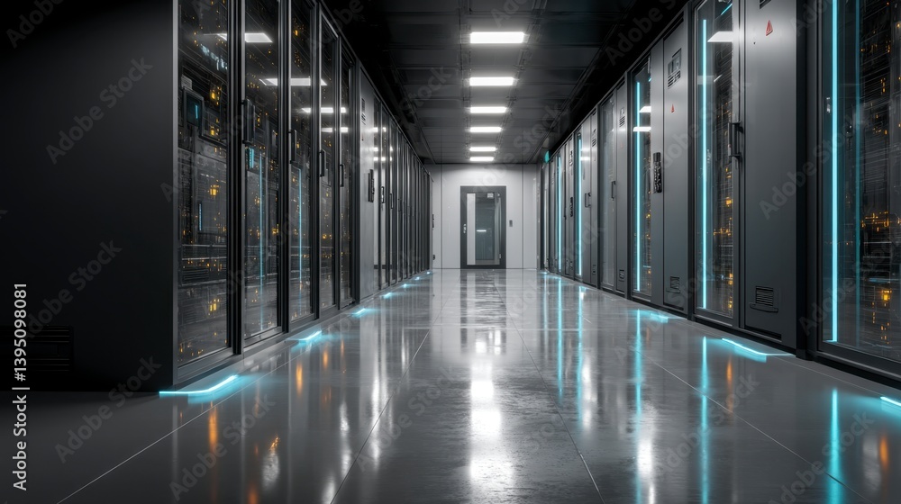 Poster reflective floor in a modern server room with rows of lit data center racks.