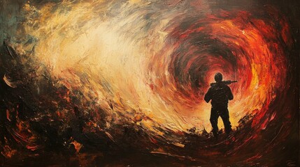 Obraz premium Silhouette of a person stands before swirling abstract shapes of