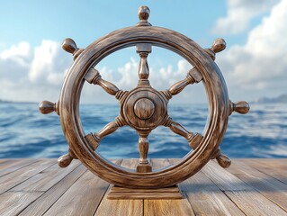 A weathered wooden ship wheel sits on a dock overlooking a calm ocean under a partly cloudy sky. Perfect for nautical or travel themes. © Nurbaity