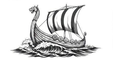Viking Longship with Dragon-Headed Prow Navigating Stormy Waves