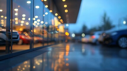 A modern car dealership with bright lights at twilight hour