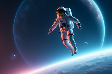 High-resolution stock photo of a lone astronaut gracefully floating above a vibrant, cloud-covered planet, with a majestic, luminous globe dominating the background and a smaller moon visible