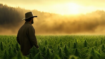 A farmer stands thoughtfully in a lush green field at sunrise, surrounded by misty hills, symbolizing tranquility and nature's beauty.