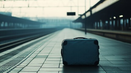 An abandoned suitcase rests on an empty train platform, hinting at untold stories and missed connections in a tranquil, wistful scene.