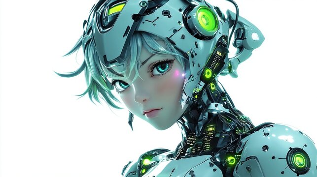 Cyborg girl portrait, anime style, white and teal robotic elements, glowing green accents.