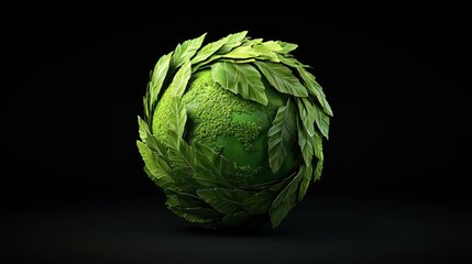 A spherical object covered in vibrant green leaves, symbolizing nature and sustainability against a dark background.