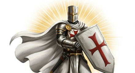 Templar Knight with Flowing Cape and Cross-Emblazoned Shield