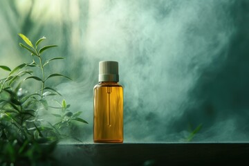 Natural amber essential oil bottle in morning light surrounded by green leaves and soft mist