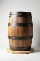 Obraz premium A Rustic Wooden Barrel on a Circular Wooden Base, Ideal for Interior Design and Decorative Purposes