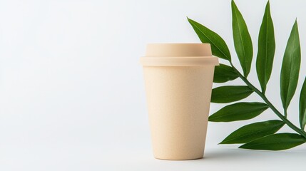 A simple, eco-friendly coffee cup sits next to a green leaf, symbolizing sustainability and a connection to nature.