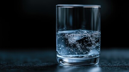 Sparkling water in a glass.  Ice cubes and bubbles