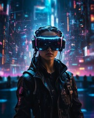 Neon-Lit Portrait of a woman in Cyberpunk Style. This image features a close-up portrait of a woman wearing glowing blue futuristic glasses