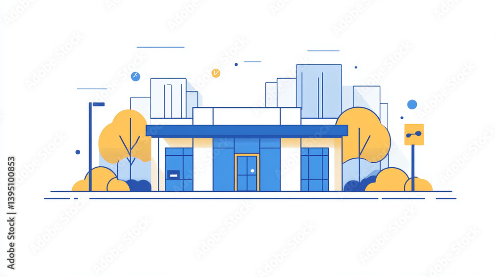 Poster vector building illustration with city skyline and trees for website and graphic design projects use