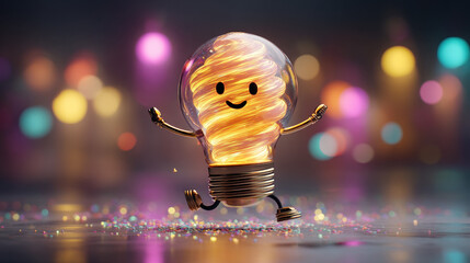 A cheerful lightbulb character with a swirling glow, playfully dancing amidst a colorful, sparkling background.