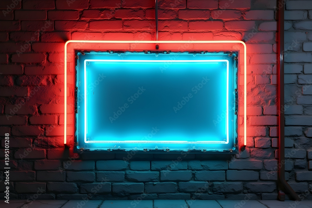 Poster illuminated blank neon sign against worn brick wall backdrop providing an ideal template for customi