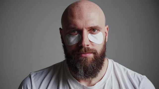 Bearded man with eye patch expresses resilience through subtle facial changes