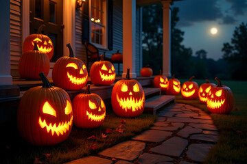 Illuminated Jack-o'-Lanterns Displayed on a Porch for Festive Halloween Atmosphere, Showcasing Spooky Carvings Under Moonlight Creating an Eerie Ambiance