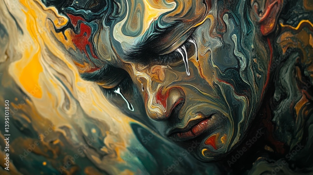 Aufkleber abstract portrait of a crying person with flowing colorful patterns