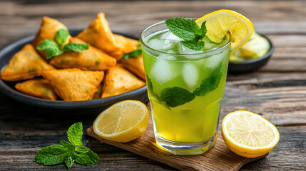 Fototapeta premium Chilled Nimbu Pani and Street Food Combo on Rustic Wooden Table