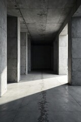 Fototapeta premium Sunlit Concrete Corridor Architectural Interior Design Featuring Modern Minimalist Aesthetics and Textured Gray Surfaces