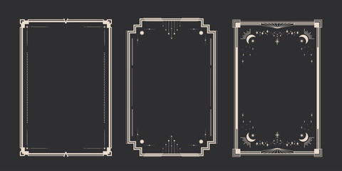 Tarot card border templates. Celestial esoteric decorative frames with space elements. Vector illustration