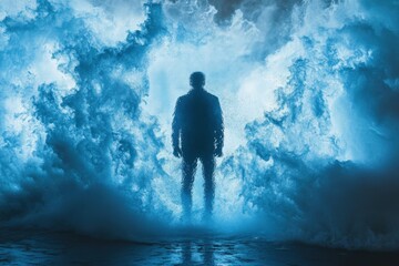 Silhouette of a person facing massive blue energy wave in cinematic and surreal dreamlike scene

