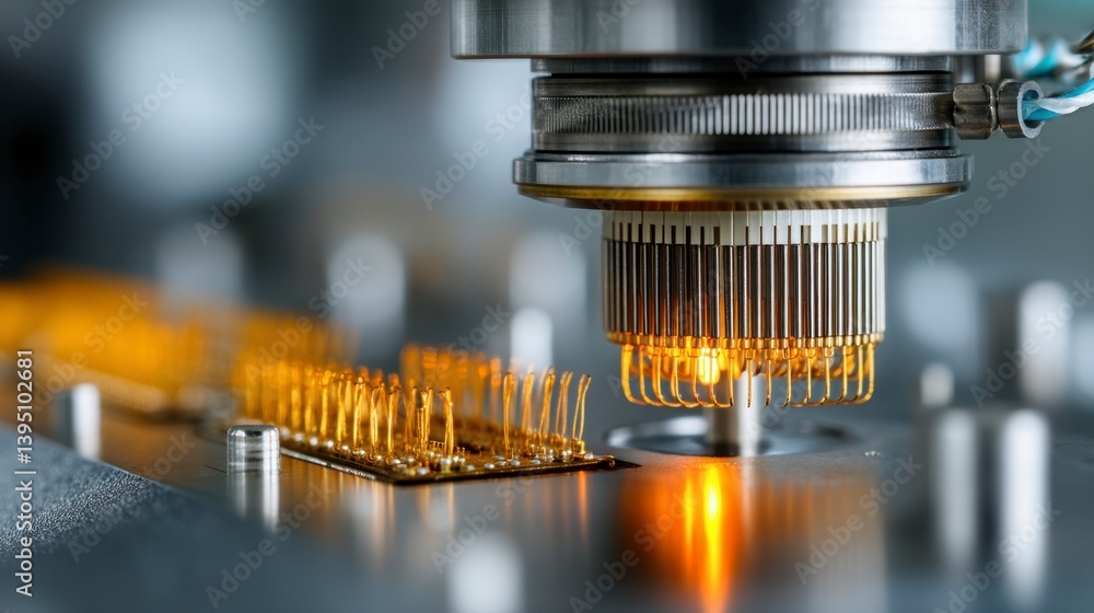 Poster close up of a robotic arm precisely connecting gold colored pins to a circuit board during a manufac