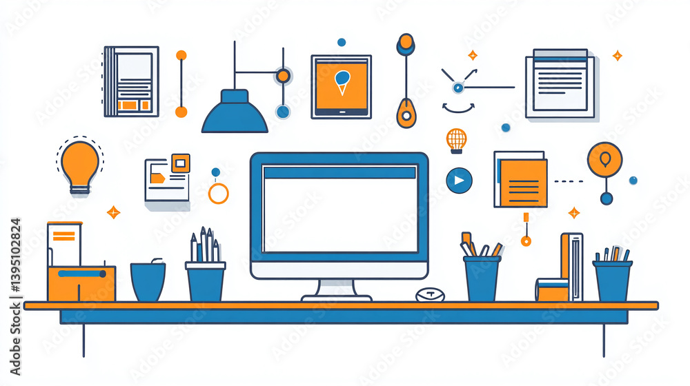 Poster workspace illustration for graphic design and creative process on desktop computer and office suppli