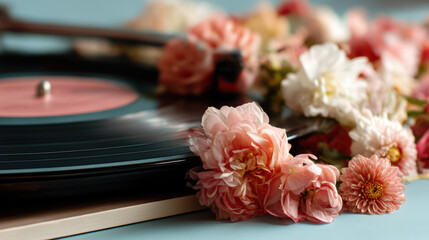 Vinyl Record Player Intertwined with Beautiful Pink Flowers.