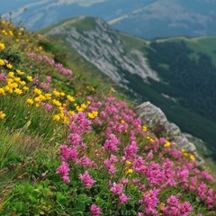 Obraz premium Summer flowers bloom near Pozhyzhevska station, Chornohora ridge, Ukraine.