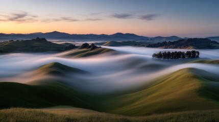 Obraz premium Misty dawn blankets undulating green hills in soft, white fog, creating a dreamy, serene landscape with distant mountains beneath a pastel sky.