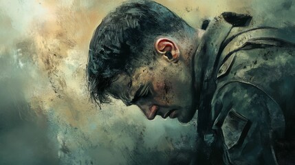 Soldier in uniform with head down in a war-torn environment.