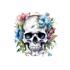 Fototapeta premium Romantic floral skull illustration, feminine skull with flowers, soft gothic clipart in pastel tones, PNG with transparent background, 300 DPI, elegant hand-painted watercolor art for creative project